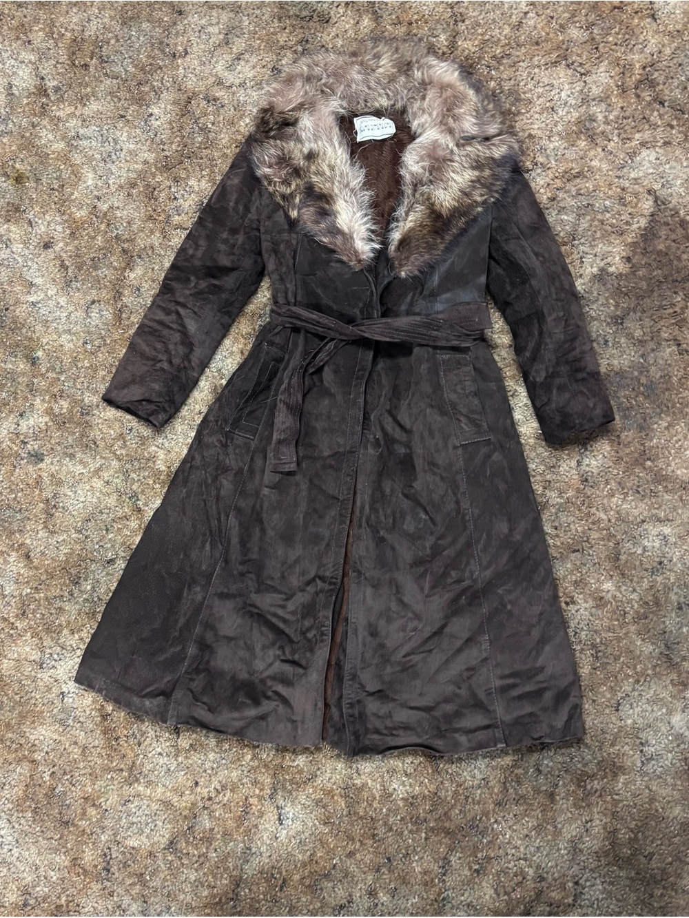 Saks Fifth Avenue Brown Suede Trench Coat with Faux Fur Collar